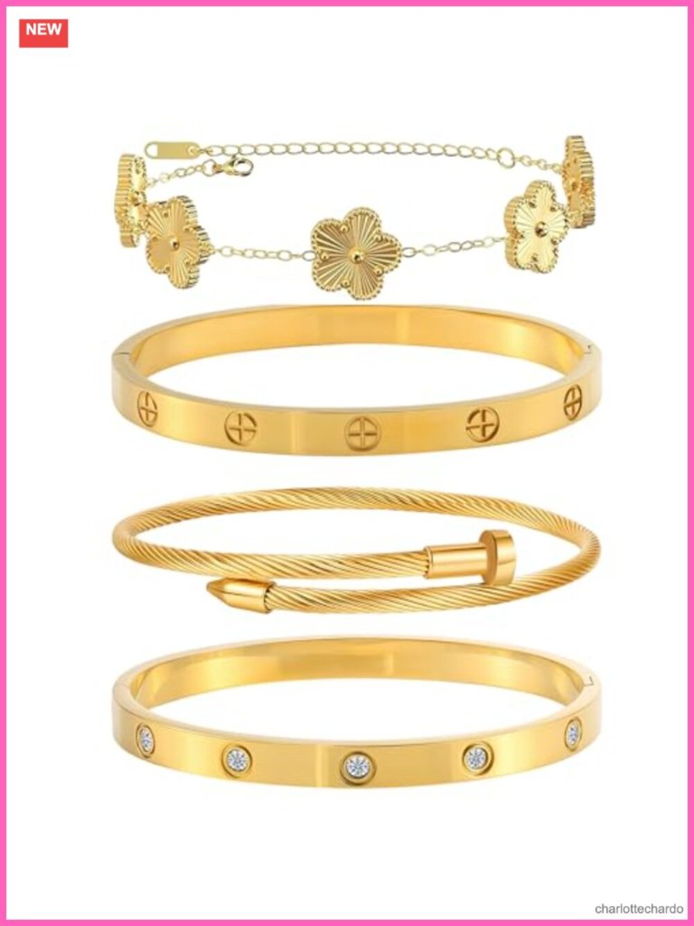 4 Pcs Gold Plated Bangle Bracelet Set Stackable Floral Stainless Steel CZ